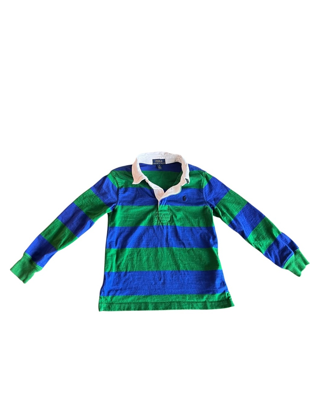 Polo by Ralph Lauren Boy Size 5 Green & Blue Striped Rugby Shirt Preppy Heritage
